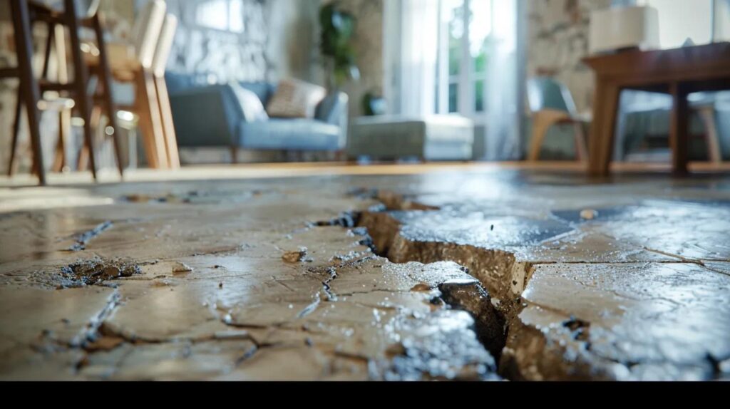 a detailed view of a nashville home's interior showcasing visibly cracked walls and uneven flooring, emphasizing the critical signs of foundation problems in an urban setting with modern decor elements.
