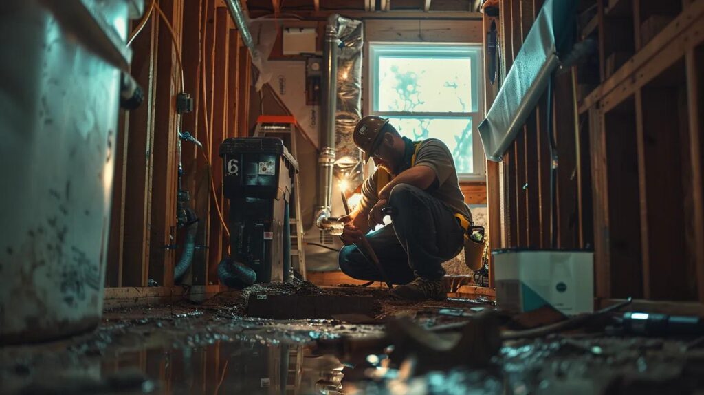 a focused view of a nashville contractor inspecting a home's foundation issues, surrounded by tools and equipment in a well-lit, modern construction site, emphasizing expertise and problem-solving in foundation repair.
