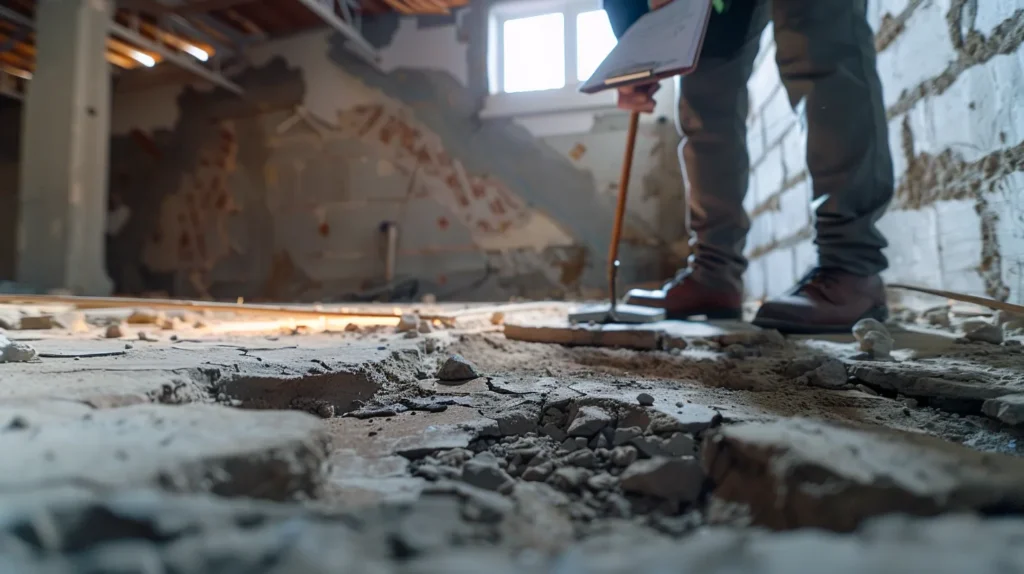 a focused view of a professional inspecting a commercial building's foundation in a well-lit office environment, highlighting cracked concrete and structural joists with a clipboard in hand, emphasizing the importance of thorough evaluations for long-term property integrity.