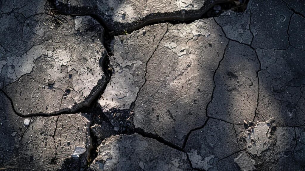 a close-up image of a cracked concrete foundation in a residential nashville neighborhood, highlighted by stark shadows and artificial lighting to emphasize the fractures and wear.