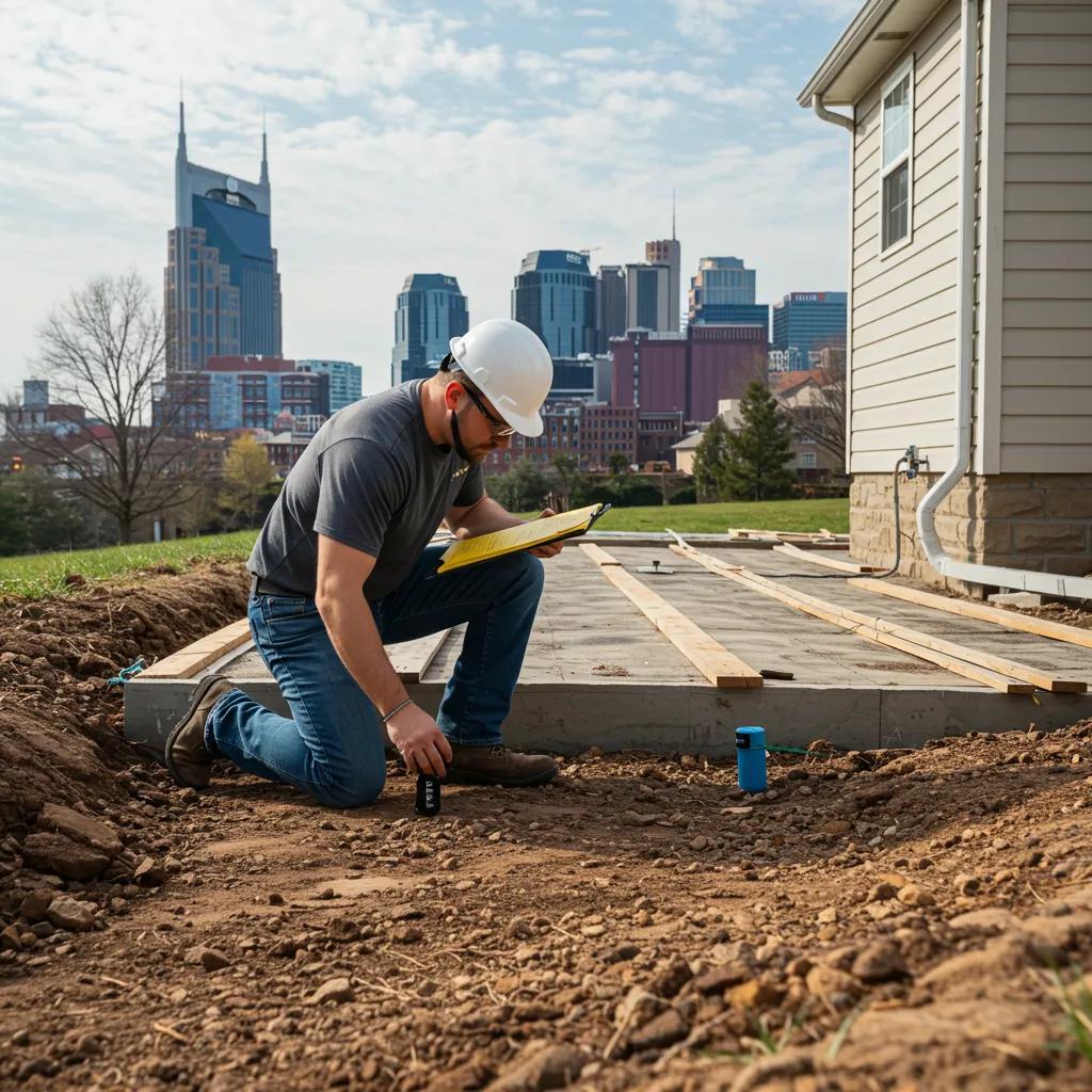 Foundation inspector assessing a residential foundation in Nashville, highlighting the importance of inspections