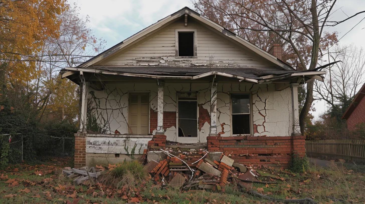 a distressed nashville home with visible foundation cracks, set against an urban backdrop, illustrates the urgent need for structural safety and the potential loss of market value.