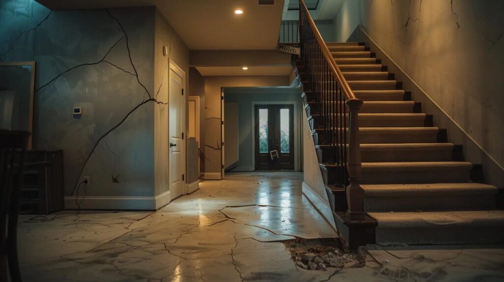 a striking interior scene of a nashville home, prominently featuring visible foundation cracks on the walls and floor, illuminated by harsh overhead lighting to emphasize the urgent need for foundation repairs.