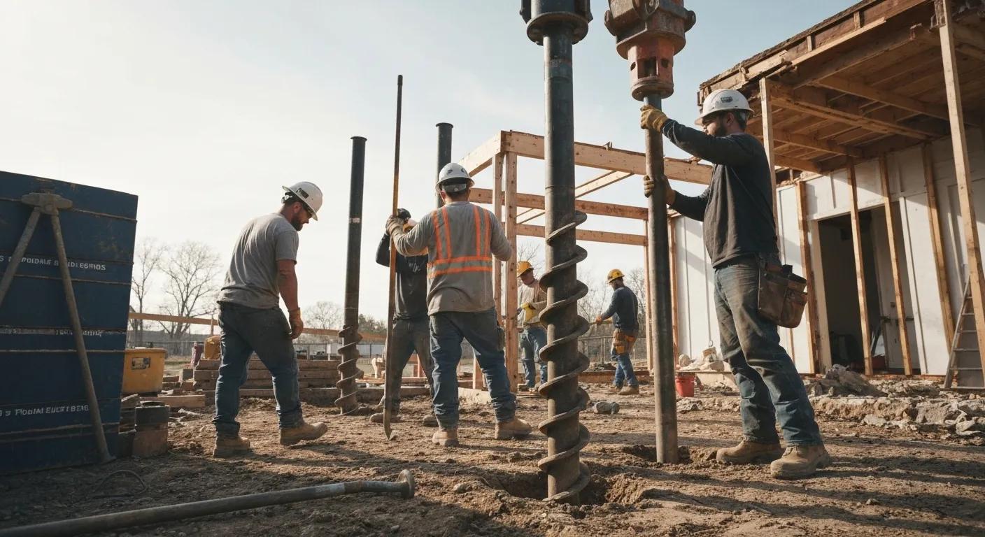 Workers installing helical and push piers to stabilize a home's foundation